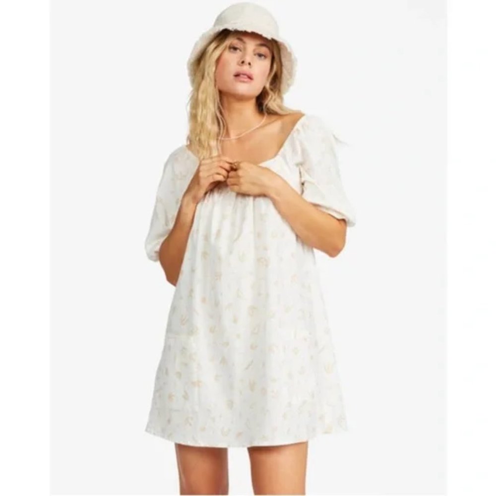 Billabong On The Shore Babydoll Puff Sleeve Linen Mini Dress, Small/NWT